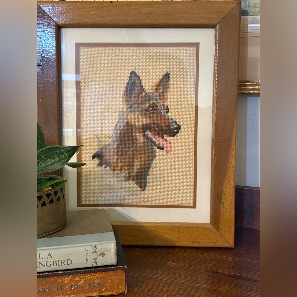 Framed Vintage German Shepherd needlepoint tapestry;Grandmillial Style 14x17”